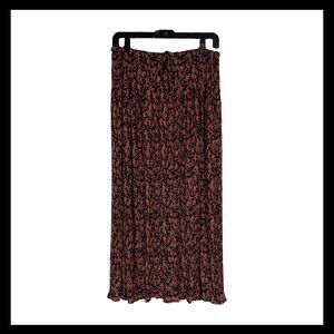 VTG Sag Harbor Maxi Skirt Black Red Orange Ditsy Floral Pleated Drawstring S
